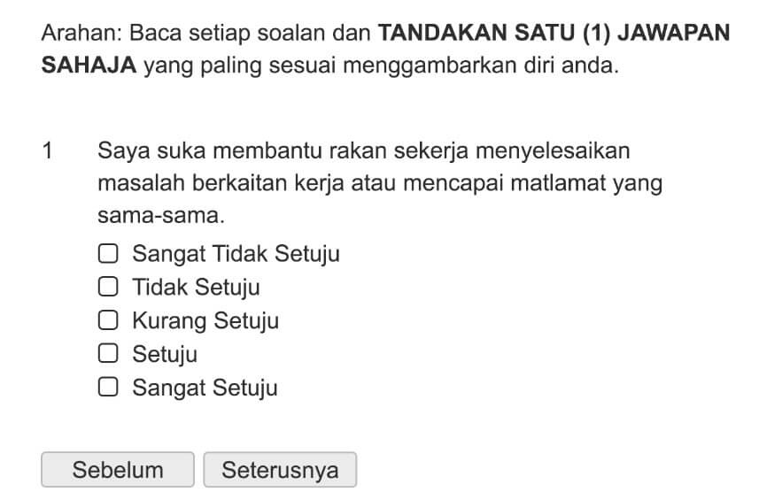 Saya suka membantu rakan sekerja menyelesaikan masalah berkaitan kerja atau mencapai matlamat yang sama-sama.